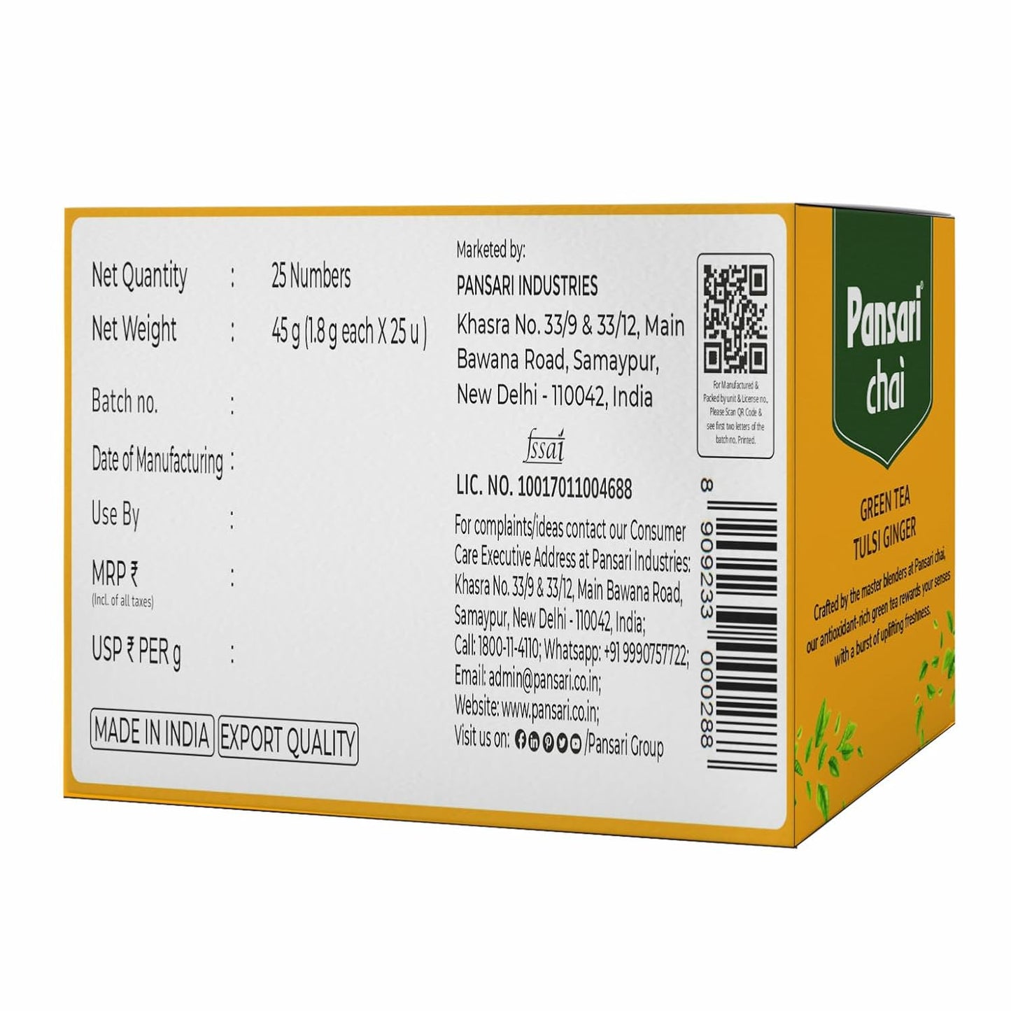 Pansari Chai Tulsi-Ginger(1.8 g × 25 Tea Bags)