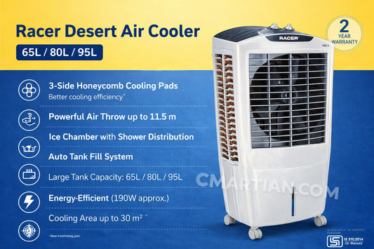 USHA Racer Desert Air Cooler | Air Throw up to 11.5 meters | Cooling Area up to 30 m² | Auto Tank Fill System |