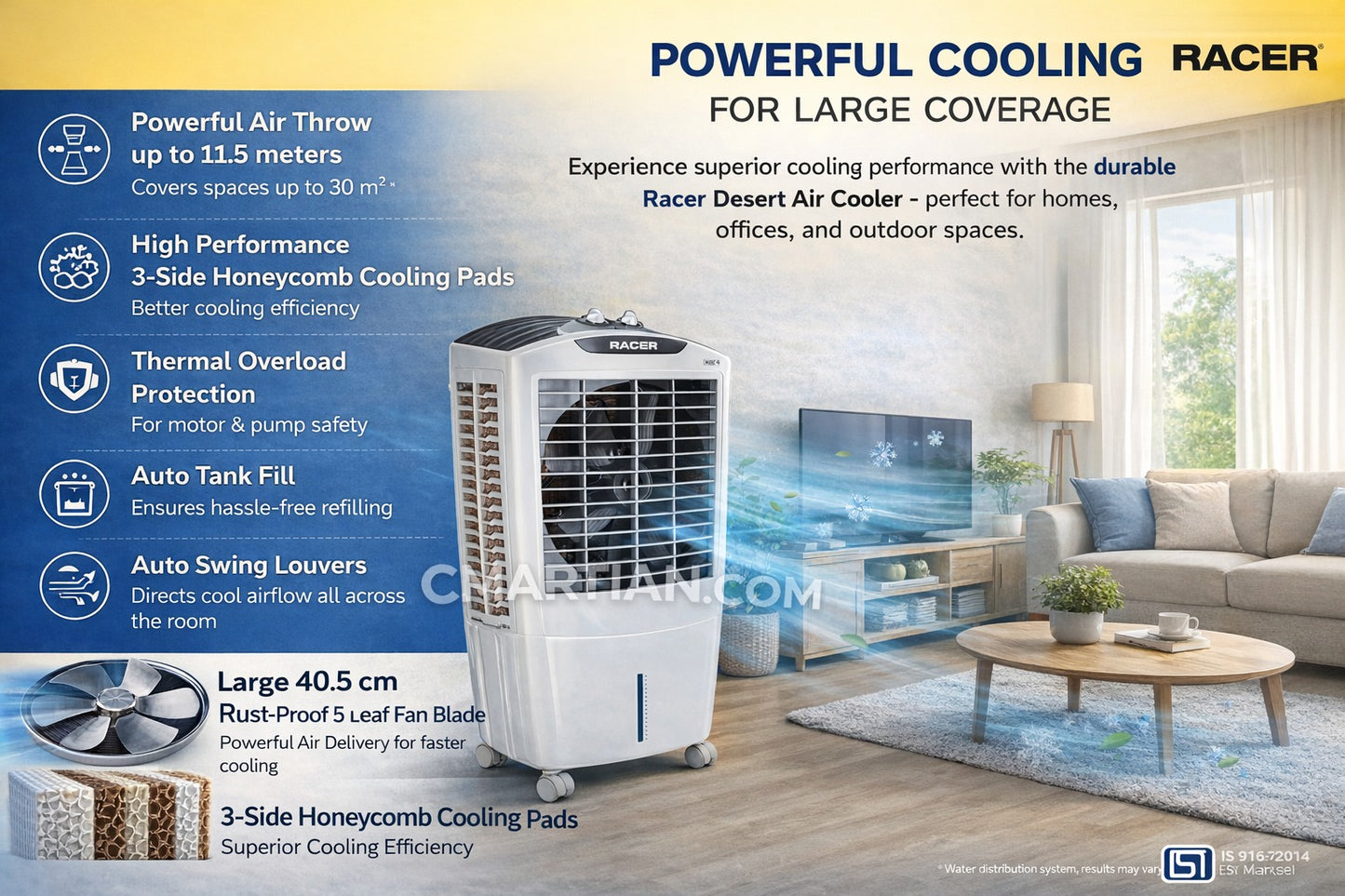 USHA Racer Desert Air Cooler | Air Throw up to 11.5 meters | Cooling Area up to 30 m² | Auto Tank Fill System |